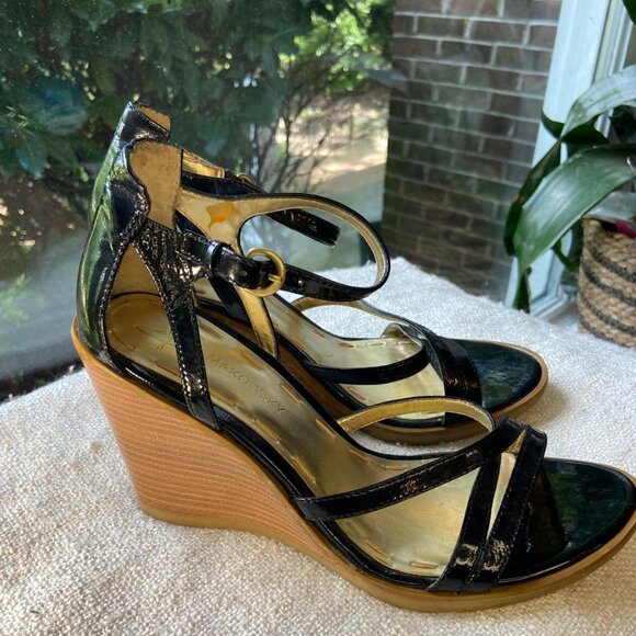 b. makowsky Shoes - B Makowsky black patent leather BFREILLY wooden wedge sandal, S 9